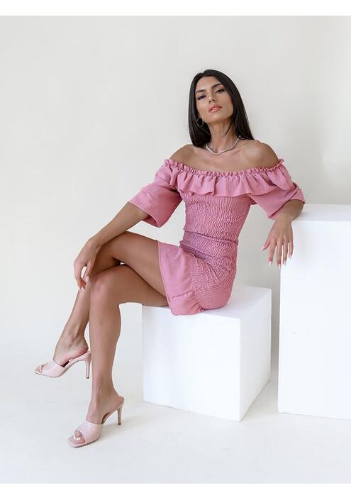 Φόρεμα Off-Shoulder Σφηκοφωλιά Κοντομάνικο Ροζ – Lallova