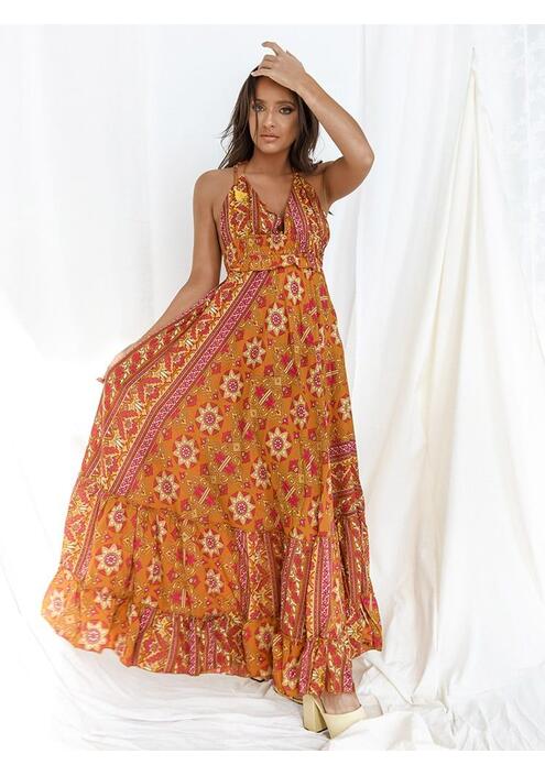 Φόρεμα Maxi Με Μοτίβο Πορτοκαλί - Gloriosa
