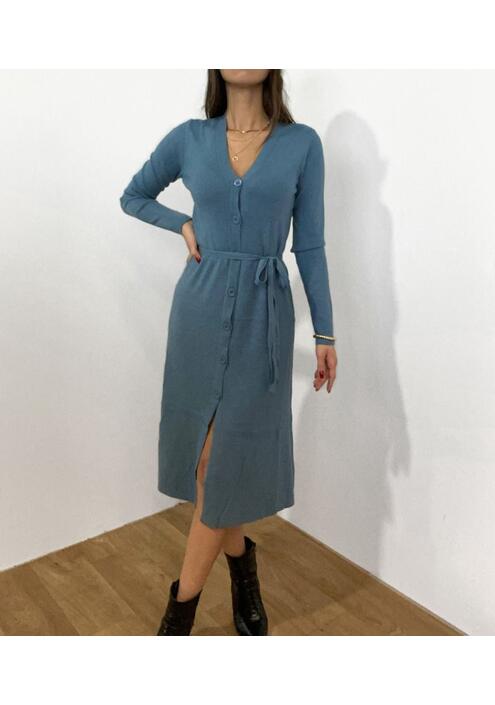 Φόρεμα Ριπ Μακρύ Με Ζώνη Και Κουμπιά Γαλάζιο - Jesen