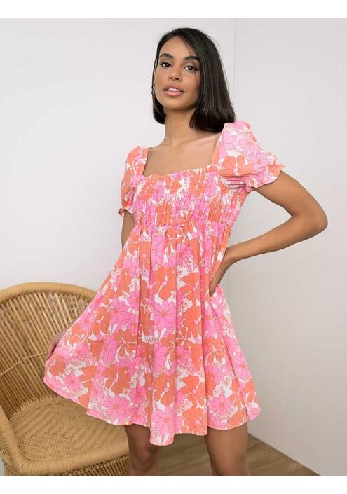 Glamorous Φόρεμα Λινό Floral Με Σφηκοφωλιά Ροζ - Feeling Flowerful