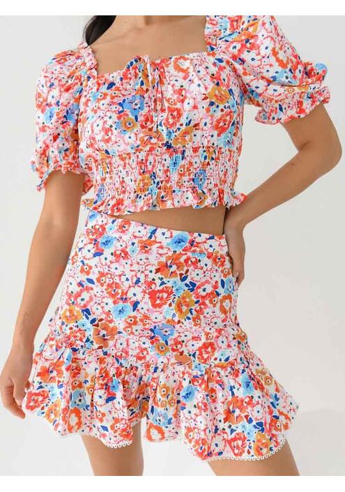 Glamorous Φούστα Mini Με Βολάν Floral Κόκκινη - Alicante