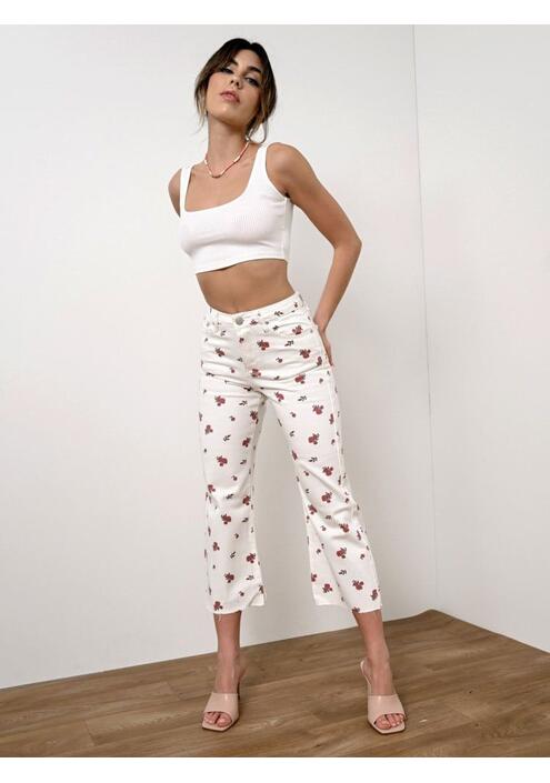 Glamorous Τζιν Παντελόνι Ψηλόμεσο Floral Λευκό - Trend Taker