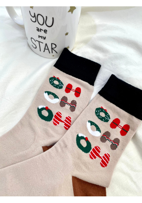 Κάλτσες Ψηλές Χριστουγεννιάτικες Κρεμ - Santa Sock Me