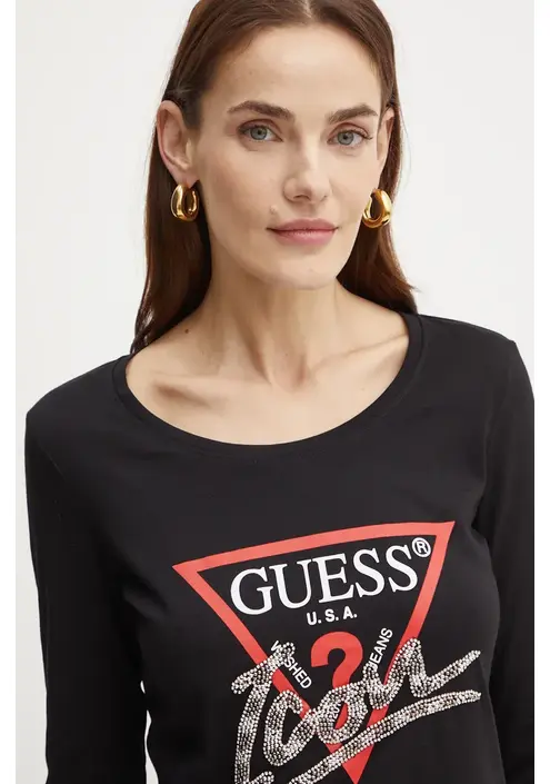 Βαμβακερή μπλούζα με μακριά μανίκια Guess χρώμα: μαύρο, W4BI21 I3Z14