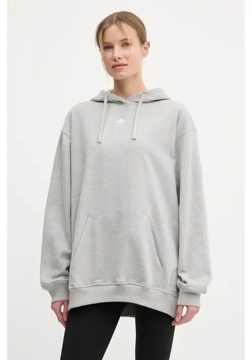 Βαμβακερή μπλούζα adidas Originals Essential γυναικεία, χρώμα: γκρι, με κουκούλα, IY9616