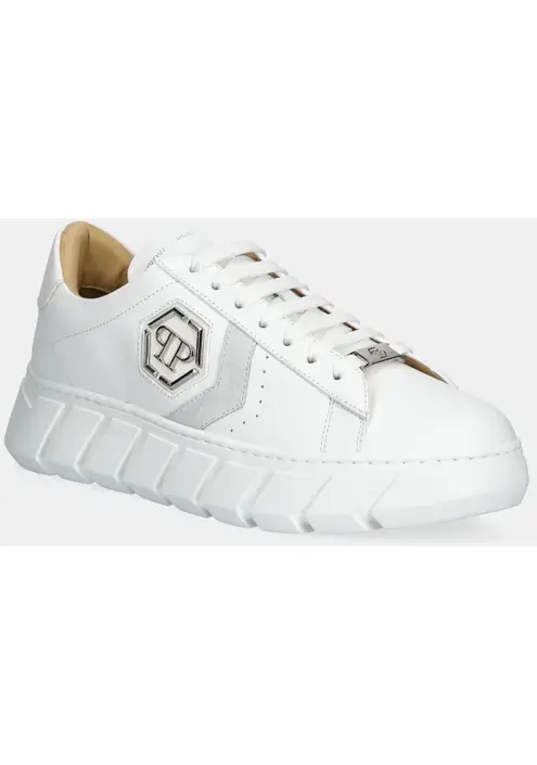 Δερμάτινα αθλητικά παπούτσια Philipp Plein Nappa Lo-Top Hexagon χρώμα: άσπρο, USC0698 PLE075N 01