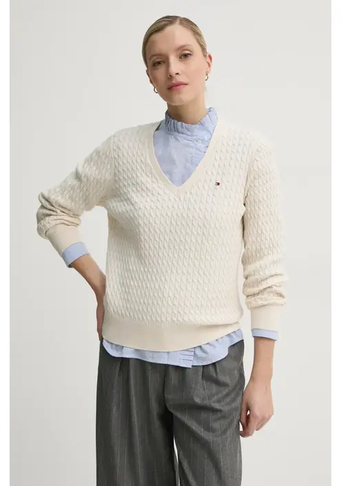 Βαμβακερό πουλόβερ Tommy Hilfiger χρώμα: μπεζ, WW0WW44987