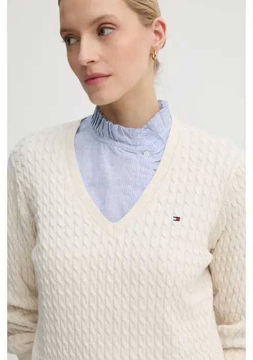 Βαμβακερό πουλόβερ Tommy Hilfiger χρώμα: μπεζ, WW0WW44987