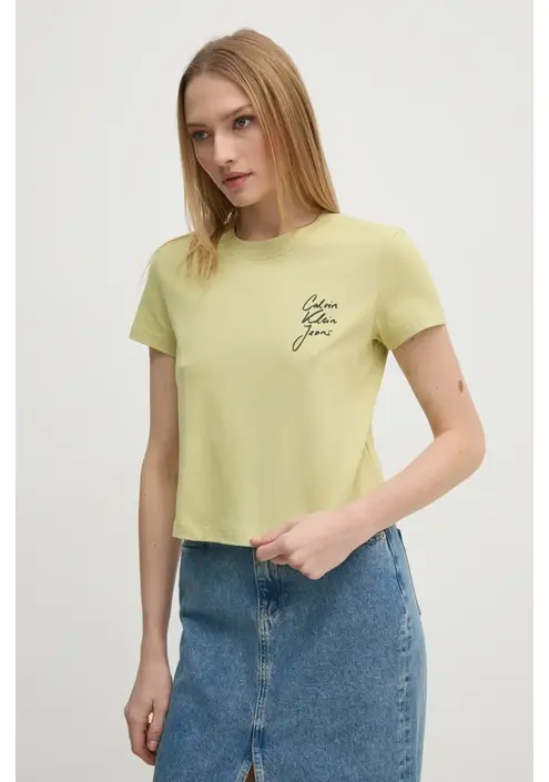 Βαμβακερό μπλουζάκι Calvin Klein Jeans γυναικείο, χρώμα: πράσινο, J20J224984