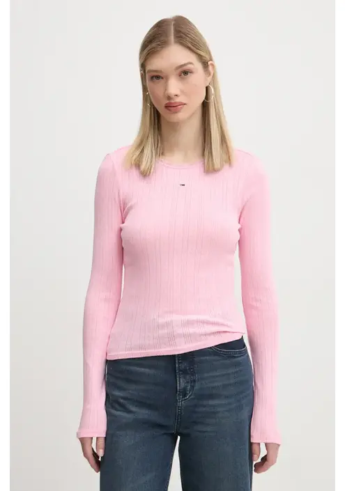 Βαμβακερή μπλούζα με μακριά μανίκια Tommy Jeans χρώμα: ροζ, DW0DW19503
