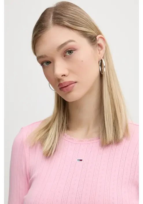 Βαμβακερή μπλούζα με μακριά μανίκια Tommy Jeans χρώμα: ροζ, DW0DW19503