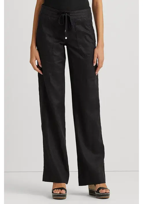 Λινό παντελόνι Lauren Ralph Lauren χρώμα: μαύρο