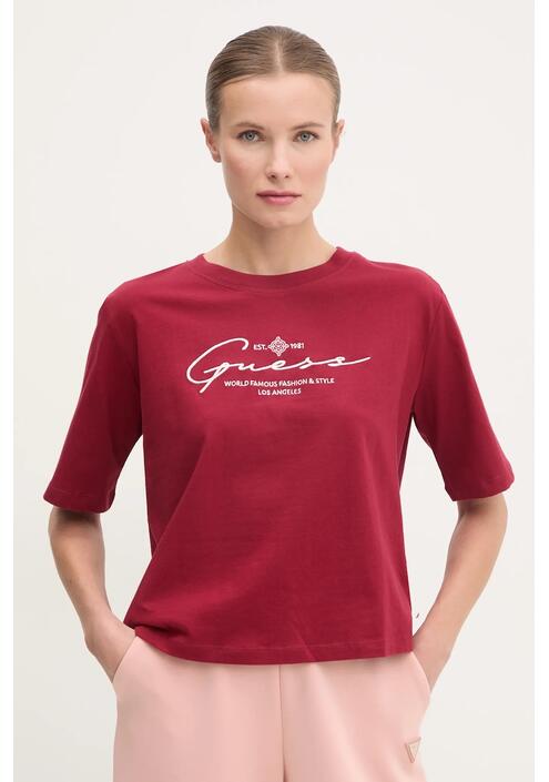 Βαμβακερό μπλουζάκι Guess γυναικείο, χρώμα: μπορντό, V5RI12 I3Z14