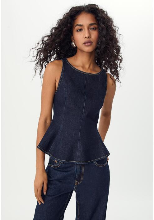 Stradivarius Αμάνικο Denim Τοπ Peplum Πολύ Σκούρο Μπλε/Αποκολλαρισμένο Xs