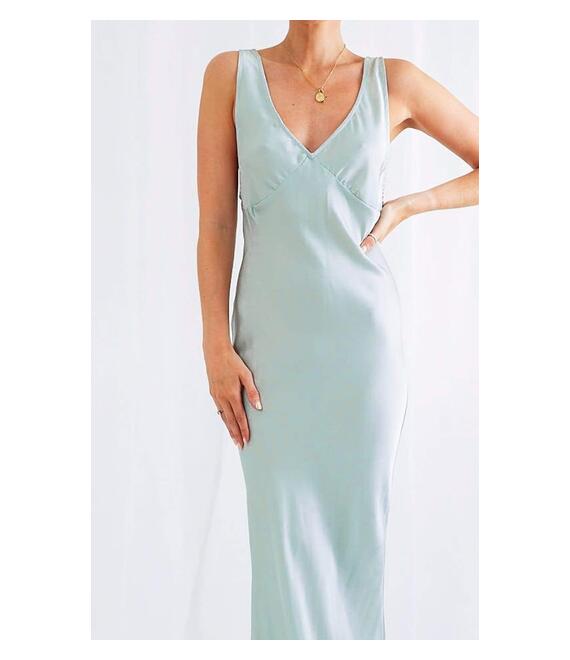 Pretty Lavish Φόρεμα Maxi Σατέν Φυστικί - Aquamarine