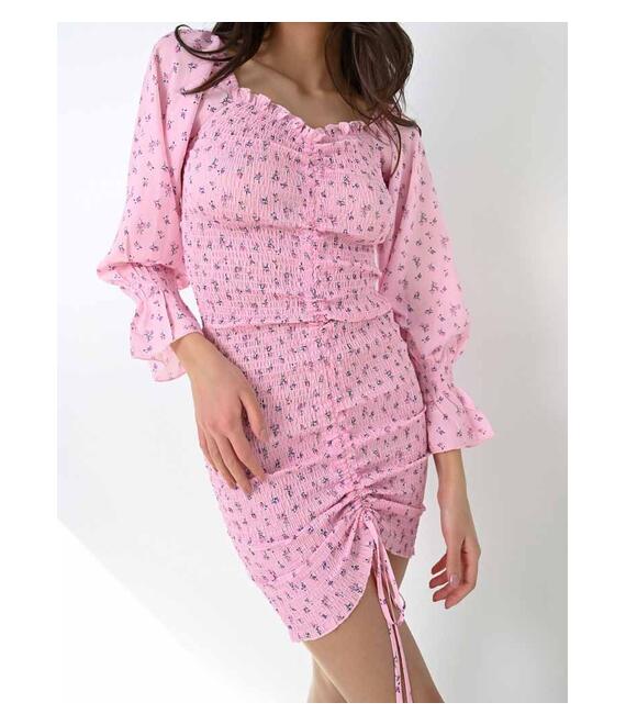Φόρεμα Off-Shoulder Σφηκοφωλιά Floral Ροζ - Style And Slay