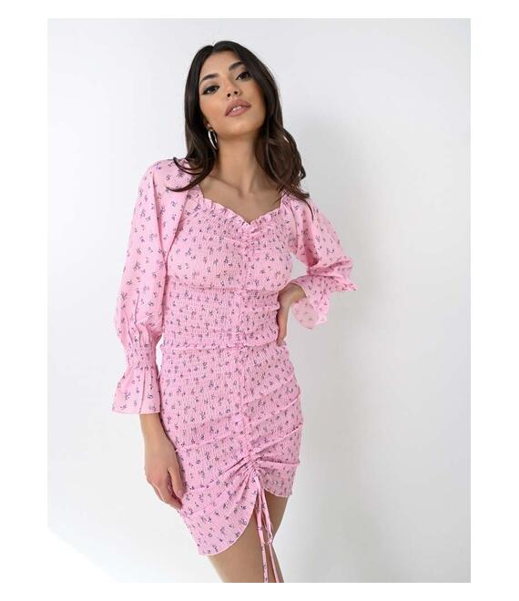 Φόρεμα Off-Shoulder Σφηκοφωλιά Floral Ροζ - Style And Slay