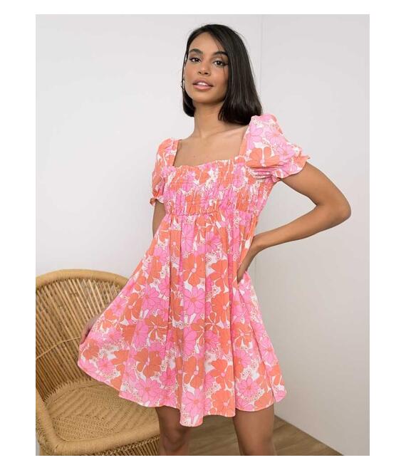 Glamorous Φόρεμα Λινό Floral Με Σφηκοφωλιά Ροζ - Feeling Flowerful