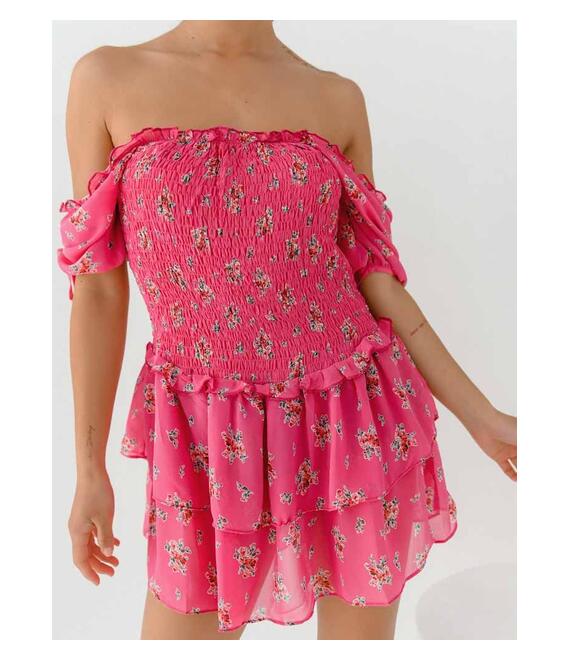 Glamorous Φόρεμα Σφηκοφωλιά Με Βολάν Floral Ροζ - Floral Fantasy