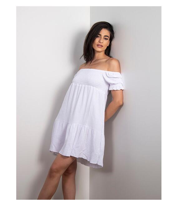 Φόρεμα Κοντομάνικο Με Σφηκοφωλιά Λευκό - Mezzano