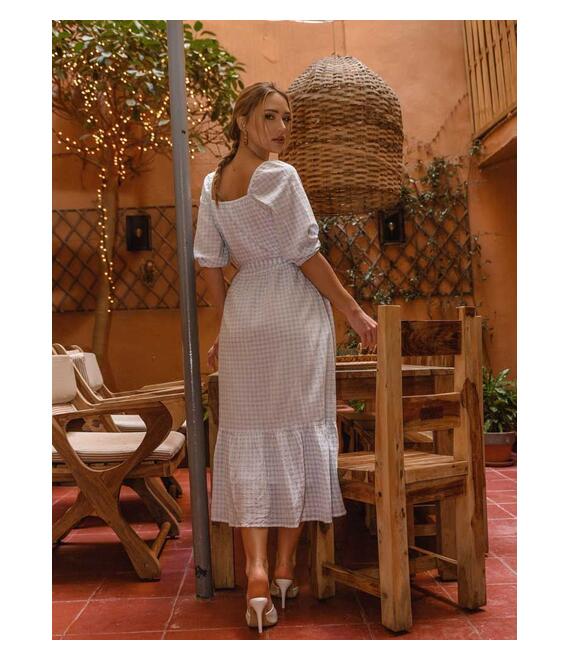 ONLY Φόρεμα Midi Με Ζώνη Καρό Σιέλ - Joaquina