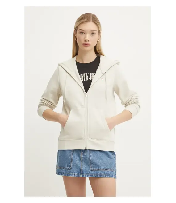 Μπλούζα Tommy Jeans χρώμα: μπεζ, με κουκούλα, DW0DW19729