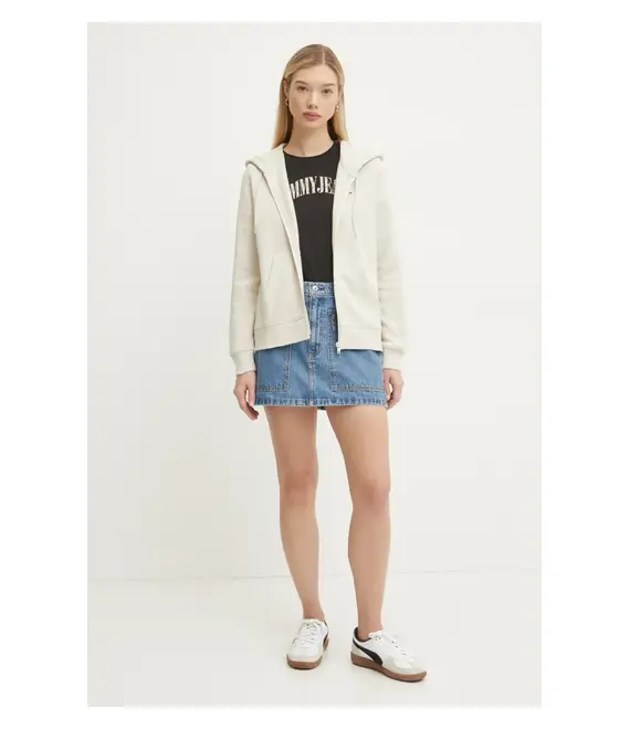 Μπλούζα Tommy Jeans χρώμα: μπεζ, με κουκούλα, DW0DW19729