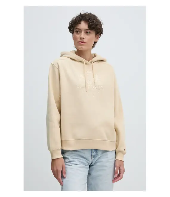 Μπλούζα Tommy Hilfiger χρώμα: μπεζ, με κουκούλα, WW0WW42888