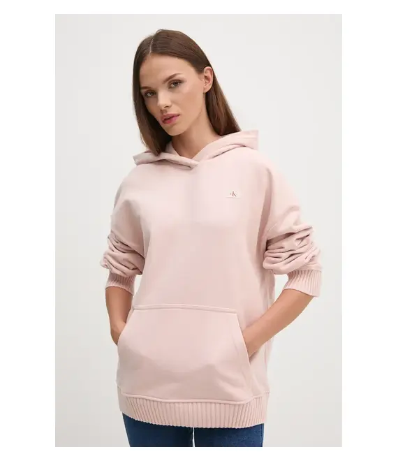 Βαμβακερή μπλούζα Calvin Klein Jeans γυναικεία, χρώμα: ροζ, με κουκούλα, J20J224173