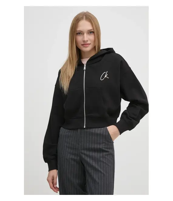 Βαμβακερή μπλούζα Calvin Klein Jeans γυναικεία, χρώμα: μαύρο, με κουκούλα, J20J224440