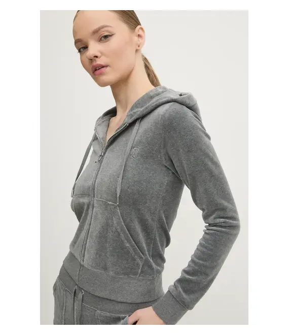 Βελούδινη μπλούζα Juicy Couture ROBERTSON CLASS χρώμα: γκρι, με κουκούλα, JCAP176
