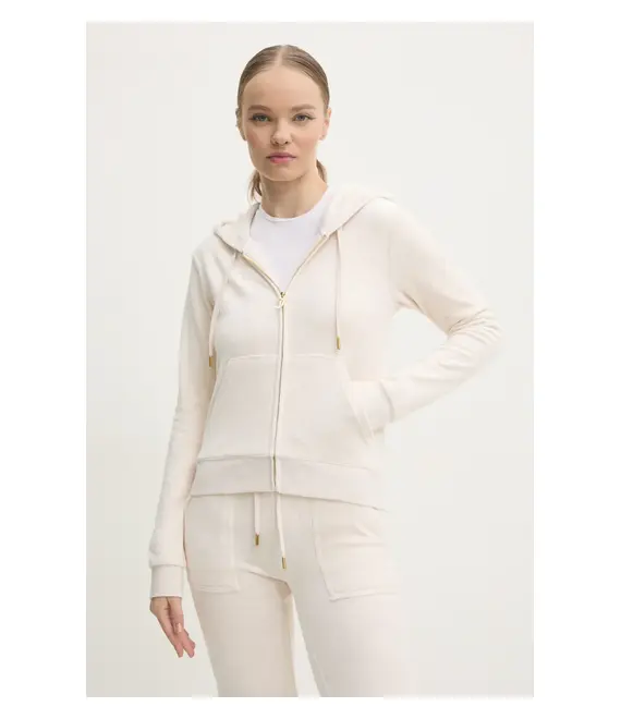 Βελούδινη μπλούζα Juicy Couture ROBERTSON GOLD χρώμα: μπεζ, με κουκούλα, JCAP176G