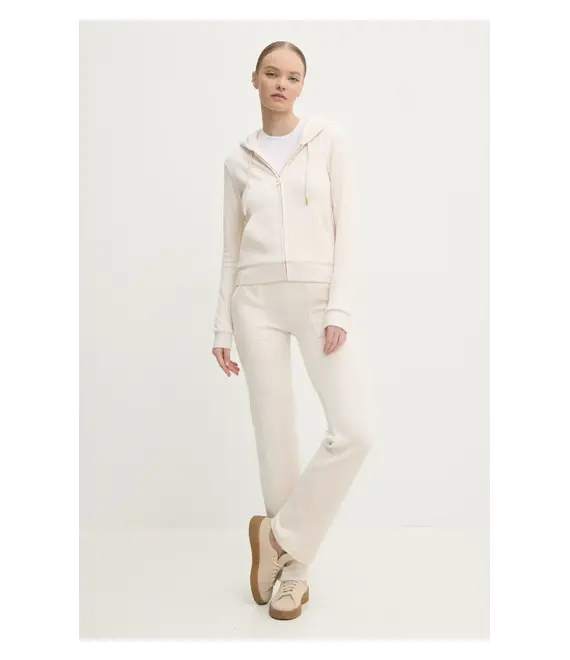 Βελούδινη μπλούζα Juicy Couture ROBERTSON GOLD χρώμα: μπεζ, με κουκούλα, JCAP176G