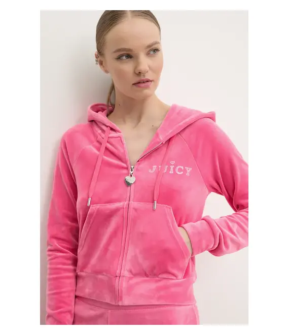 Βελούδινη μπλούζα Juicy Couture REGAL MADISON HOODIE χρώμα: ροζ, με κουκούλα, JCBAS224828