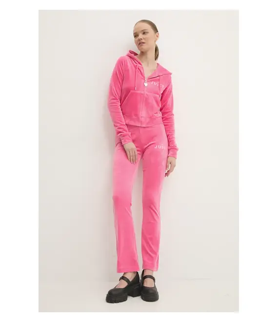 Βελούδινη μπλούζα Juicy Couture REGAL MADISON HOODIE χρώμα: ροζ, με κουκούλα, JCBAS224828