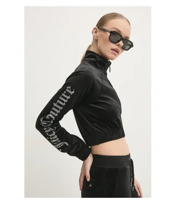Βελούδινη μπλούζα Juicy Couture TASHA LOGO TRACKTOP χρώμα: μαύρο, JCWCT24305