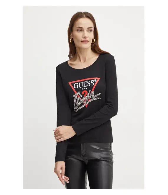 Βαμβακερή μπλούζα με μακριά μανίκια Guess χρώμα: μαύρο, W4BI21 I3Z14