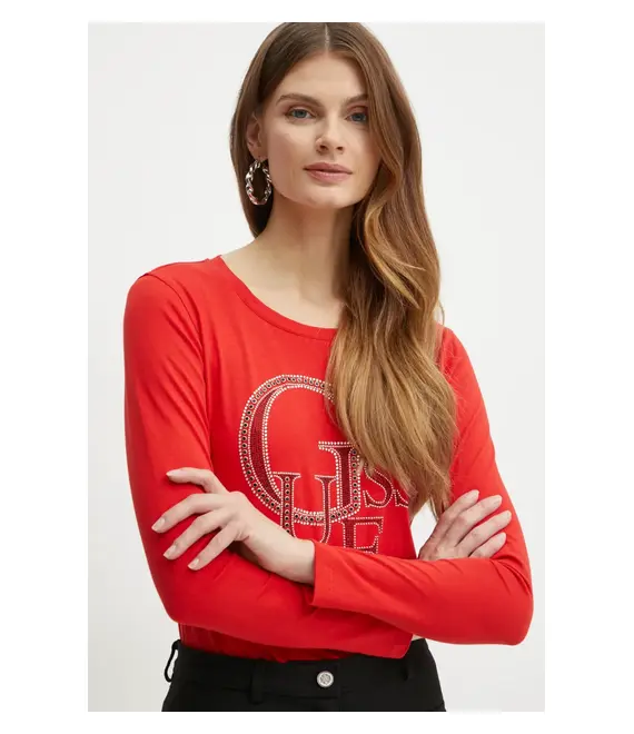 Βαμβακερή μπλούζα με μακριά μανίκια Guess χρώμα: κόκκινο, W4BI29 I3Z14