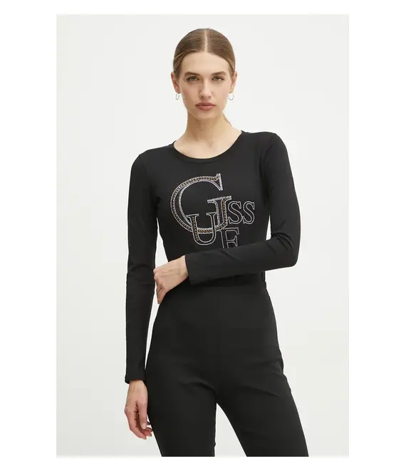 Βαμβακερή μπλούζα με μακριά μανίκια Guess χρώμα: μαύρο, W4BI29 I3Z14