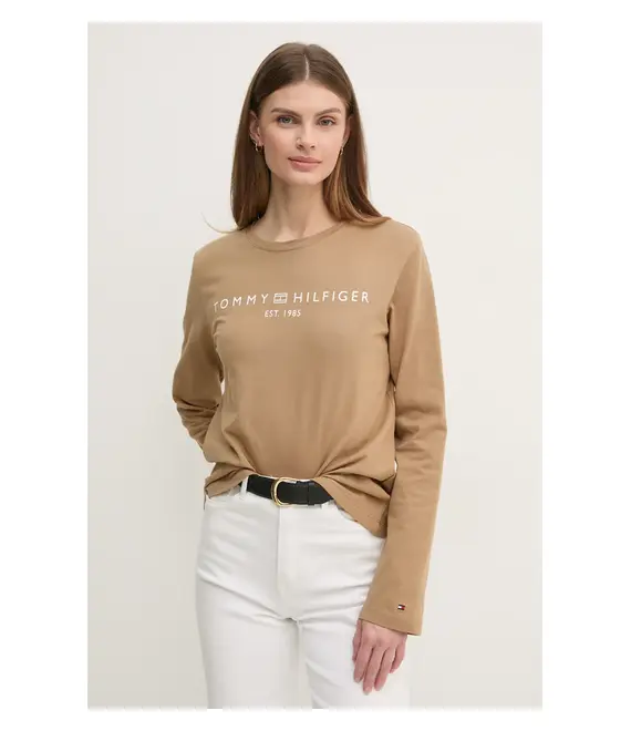 Βαμβακερή μπλούζα με μακριά μανίκια Tommy Hilfiger χρώμα: καφέ, WW0WW43620