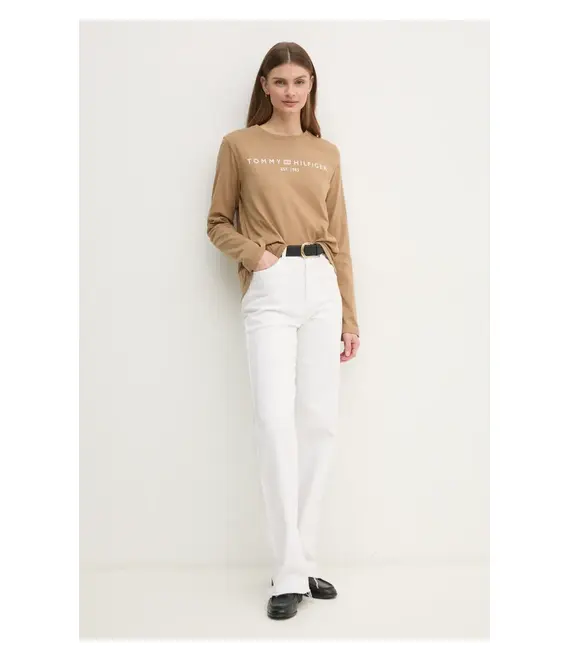 Βαμβακερή μπλούζα με μακριά μανίκια Tommy Hilfiger χρώμα: καφέ, WW0WW43620