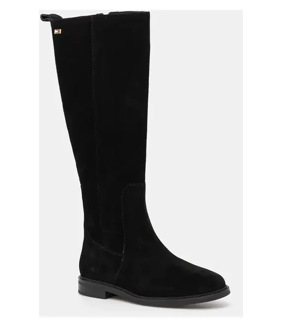 Μπότες σούετ Tommy Hilfiger FLAG SUEDE LONG BOOT ZIP γυναικείες, χρώμα: μαύρο, FW0FW08178