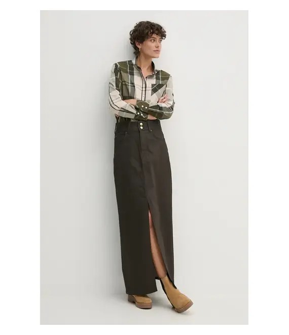 Τζιν φούστα Pepe Jeans MAXI SKIRT HW COATED χρώμα: καφέ, PL901167
