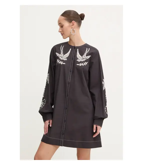 Βαμβακερό φόρεμα Never Fully Dressed EmbroideSwallow Roamnce Mini Dress χρώμα: μαύρο, NFDDR1573