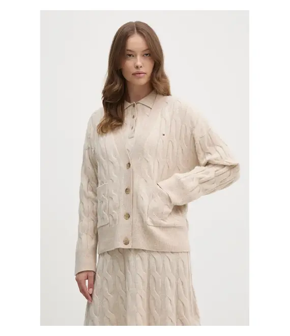 Μάλλινη ζακέτα Tommy Hilfiger χρώμα: μπεζ, WW0WW43089