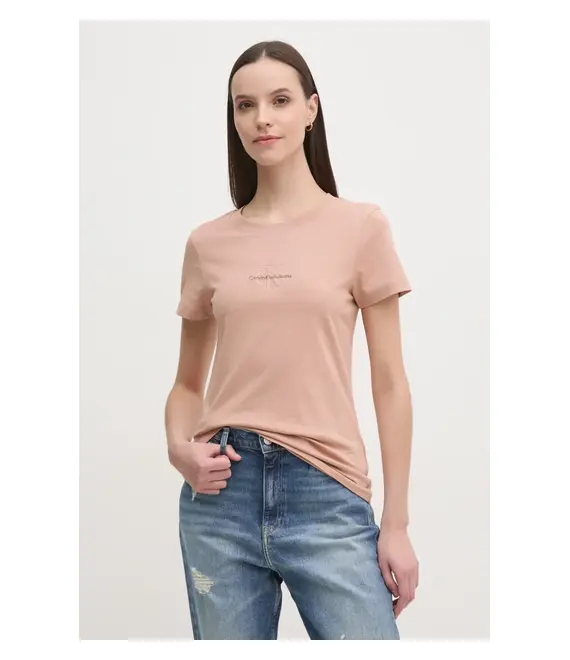 Βαμβακερό μπλουζάκι Calvin Klein Jeans γυναικείο, χρώμα: πορτοκαλί, J20J223563