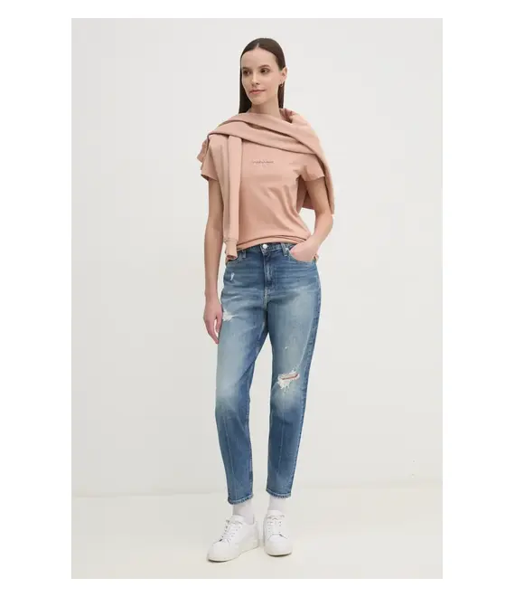 Βαμβακερό μπλουζάκι Calvin Klein Jeans γυναικείο, χρώμα: πορτοκαλί, J20J223563