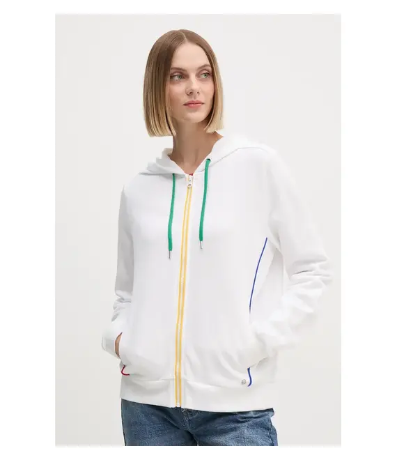 Βαμβακερή μπλούζα United Colors of Benetton γυναικεία, χρώμα: άσπρο, με κουκούλα