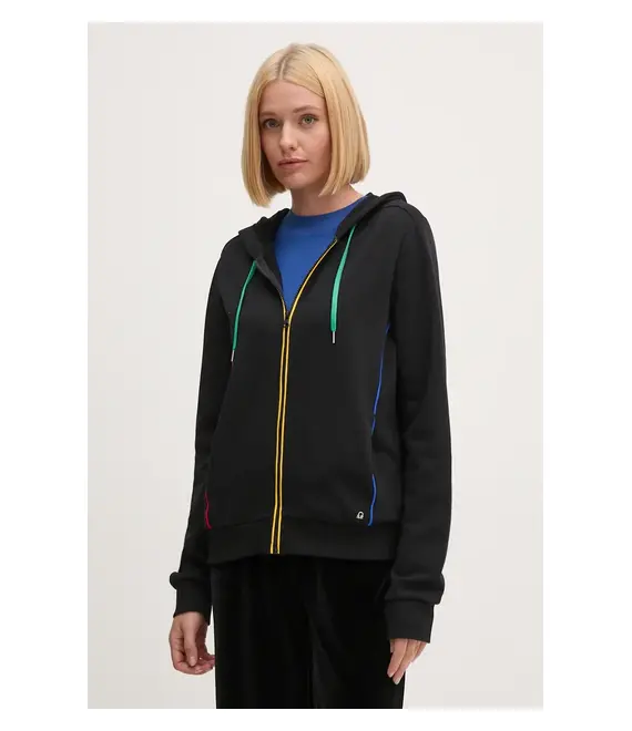 Βαμβακερή μπλούζα United Colors of Benetton γυναικεία, χρώμα: μαύρο, με κουκούλα