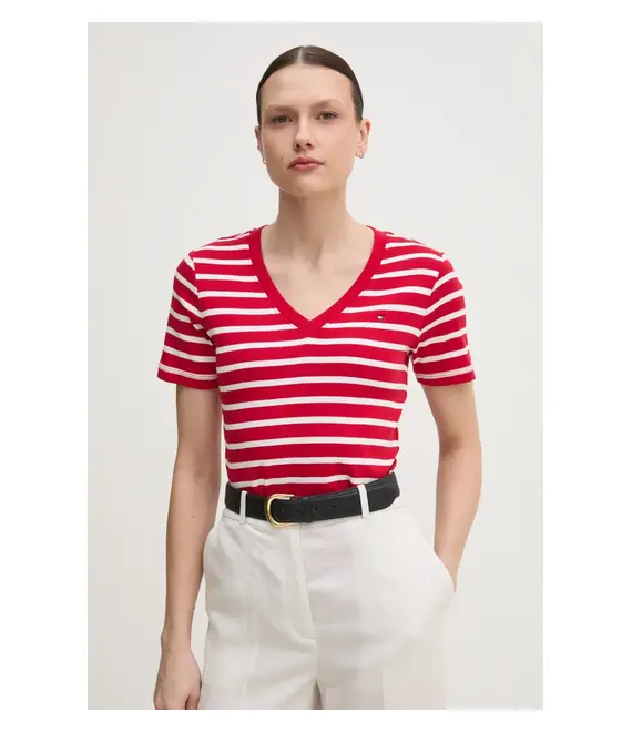 Βαμβακερό μπλουζάκι Tommy Hilfiger γυναικείο, χρώμα: μπορντό, WW0WW40584